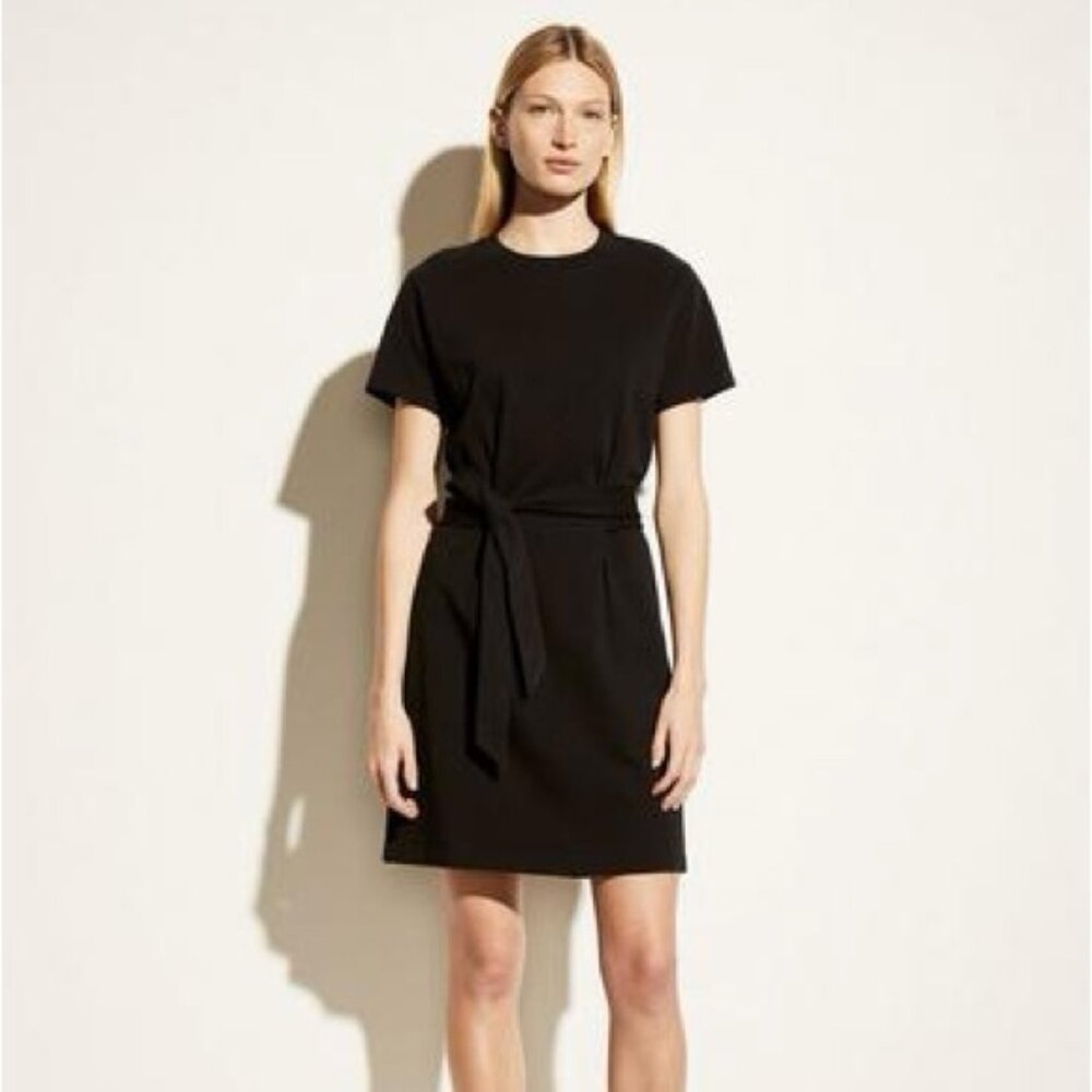 Vince Short Sleeve Tie Waist 100% Peruvian Cotton Dress in black